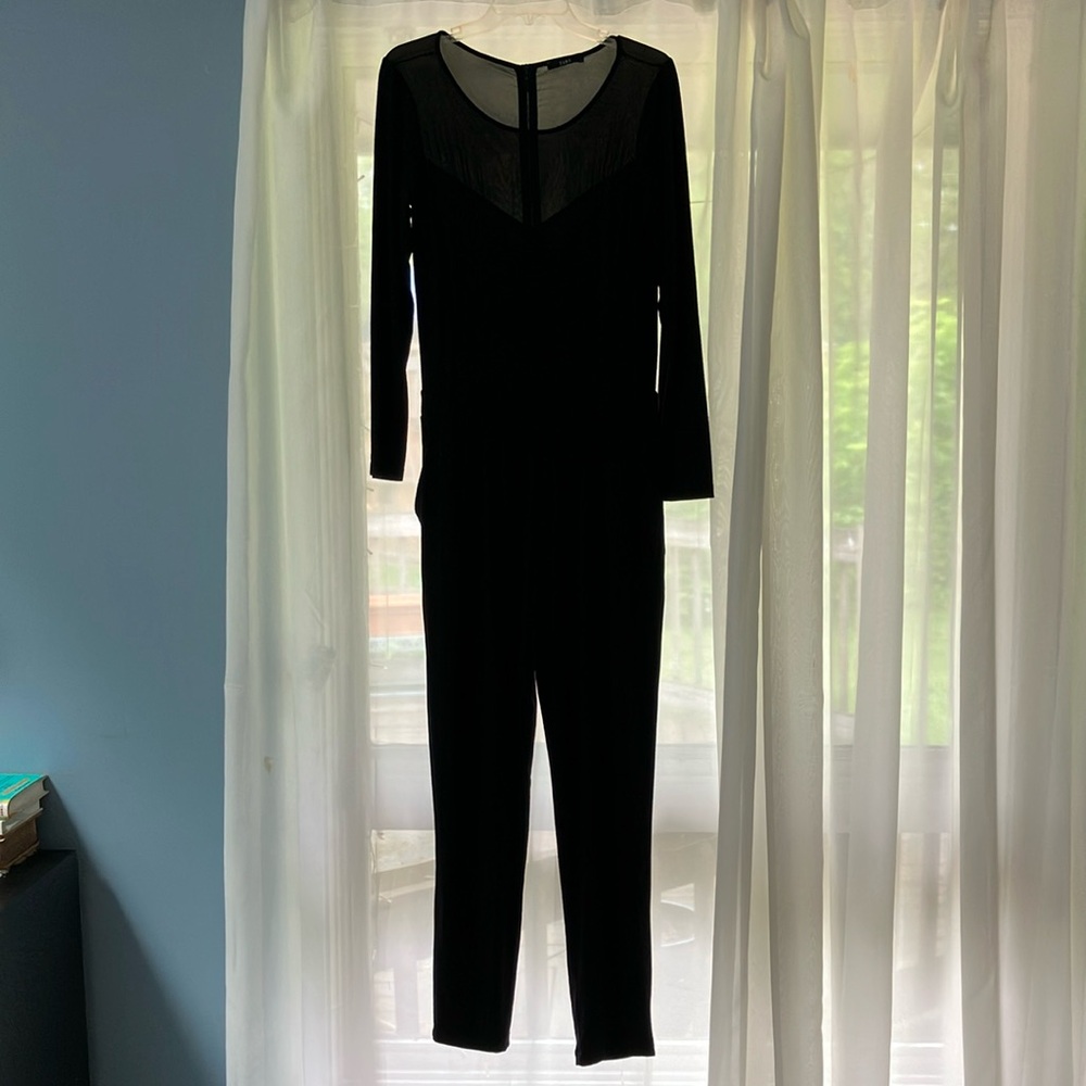 Tart Brand Medium Black Long Sleeve Jumpsuit Sheer Neckline Slinky Sexy Dramatic